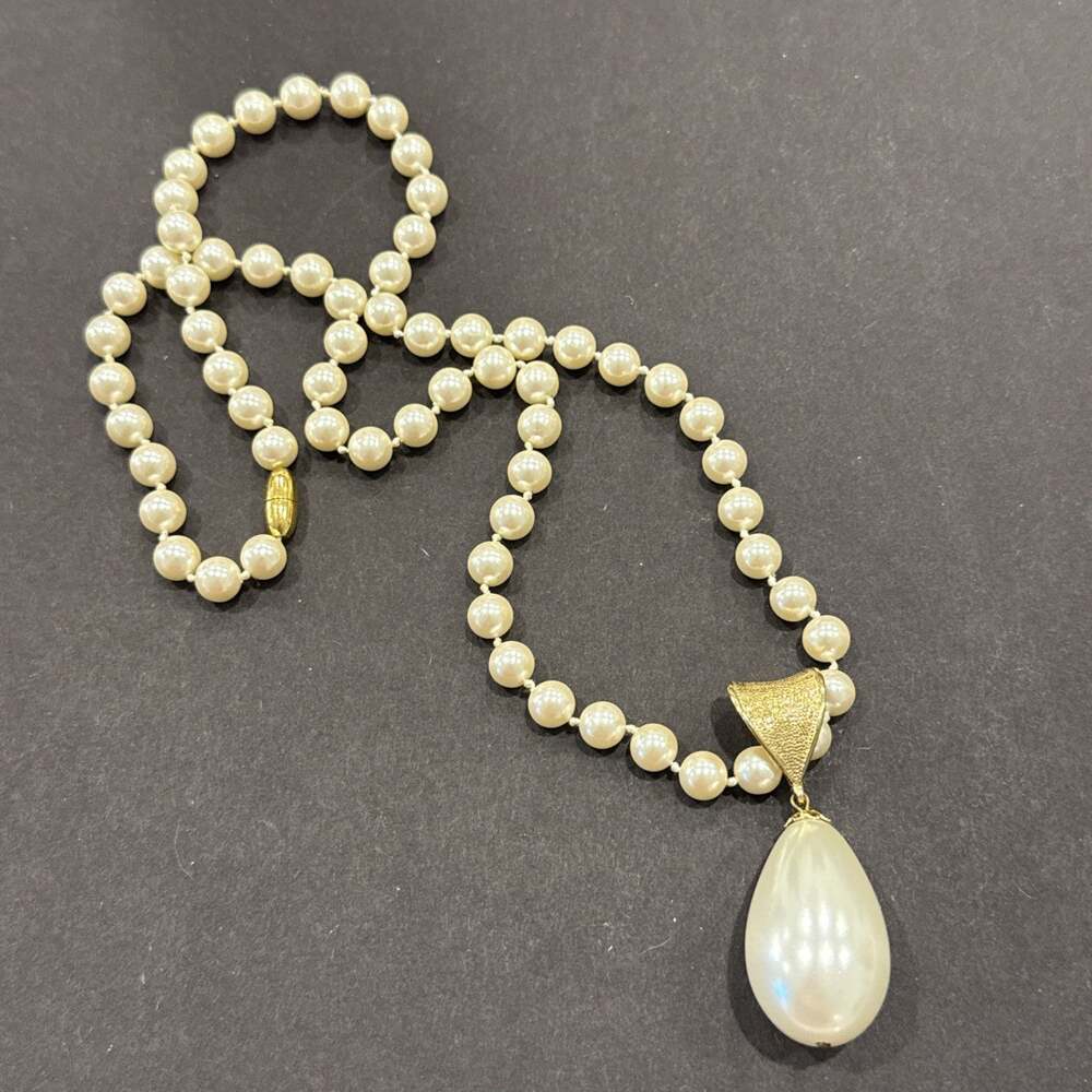 Vintage Faux Pearl Bead Drop Pendant Large Teardrop Necklace 22”
